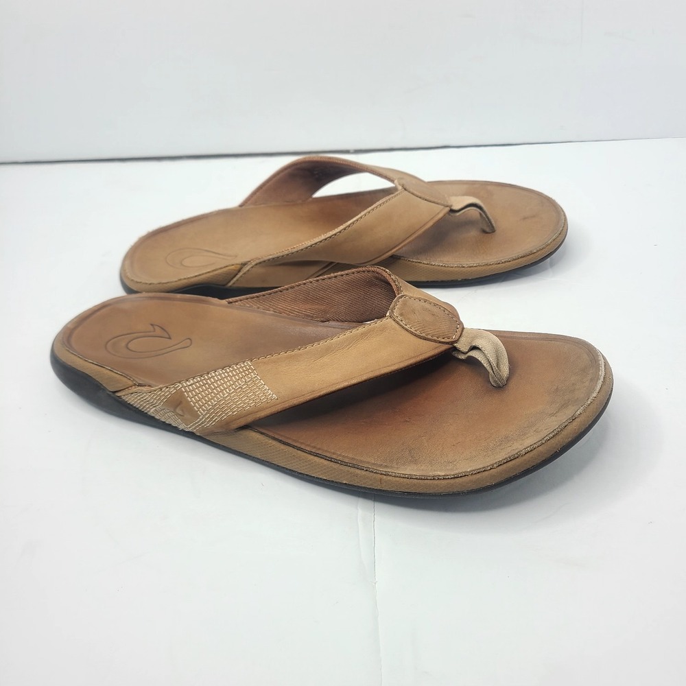 OluKai Men's Tuahine Thong Flip Flops Light Tan Leather Causal Sandals Sz 11 44